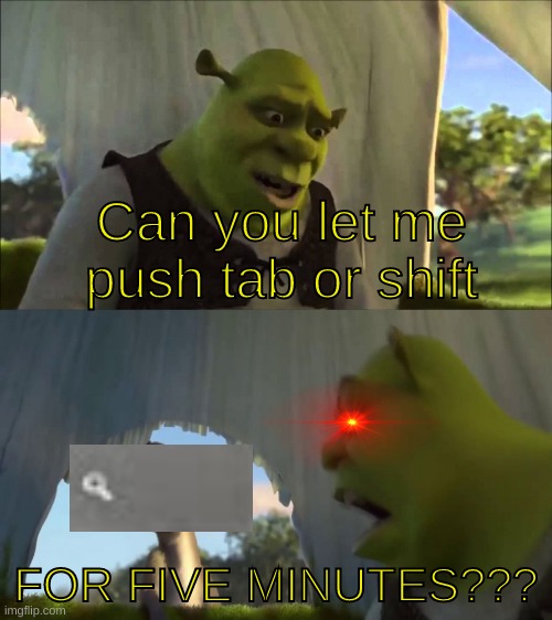 Chromebook users know the pain | Can you let me push tab or shift; FOR FIVE MINUTES??? | image tagged in shrek five minutes | made w/ Imgflip meme maker
