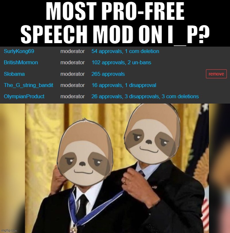 As your Vice-President I extend this term's Free Speech Award to... oh that's right, me, Slobama | MOST PRO-FREE SPEECH MOD ON I_P? | image tagged in sloth award,free speech,freedom of speech,first amendment,the constitution,constitutional conservative | made w/ Imgflip meme maker