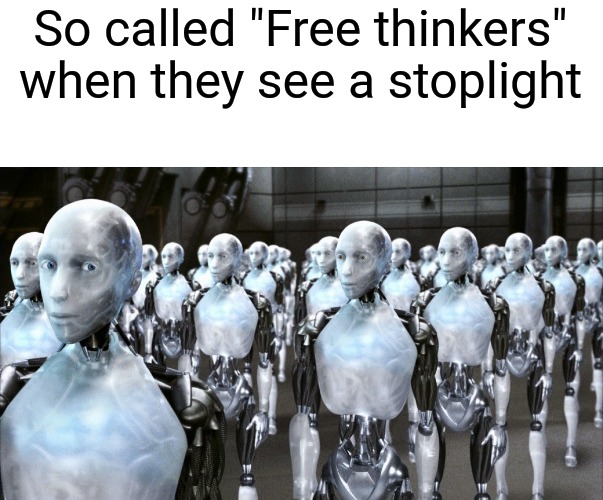 i robot | So called "Free thinkers" when they see a stoplight | image tagged in i robot | made w/ Imgflip meme maker
