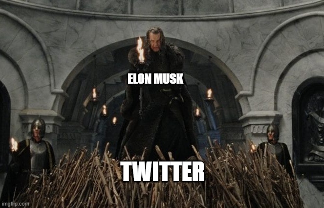 "Stay this madness!" - Gandalf | ELON MUSK; TWITTER | image tagged in elon musk,twitter,lord of the rings,gandalf,madness,ooh self-burn those are rare | made w/ Imgflip meme maker