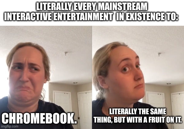 *rants* | LITERALLY EVERY MAINSTREAM INTERACTIVE ENTERTAINMENT  IN EXISTENCE TO:; LITERALLY THE SAME THING, BUT WITH A FRUIT ON IT. CHROMEBOOK. | image tagged in ew well | made w/ Imgflip meme maker