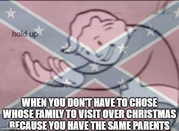 wait a minute... | WHEN YOU DON'T HAVE TO CHOSE WHOSE FAMILY TO VISIT OVER CHRISTMAS BECAUSE YOU HAVE THE SAME PARENTS | image tagged in memes,fallout hold up,hol up,christmas,sweet home alabama,dark humor | made w/ Imgflip meme maker