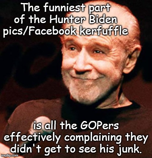 Priceless | The funniest part of the Hunter Biden pics/Facebook kerfuffle; is all the GOPers effectively complaining they didn't get to see his junk. | image tagged in george carlin smug | made w/ Imgflip meme maker