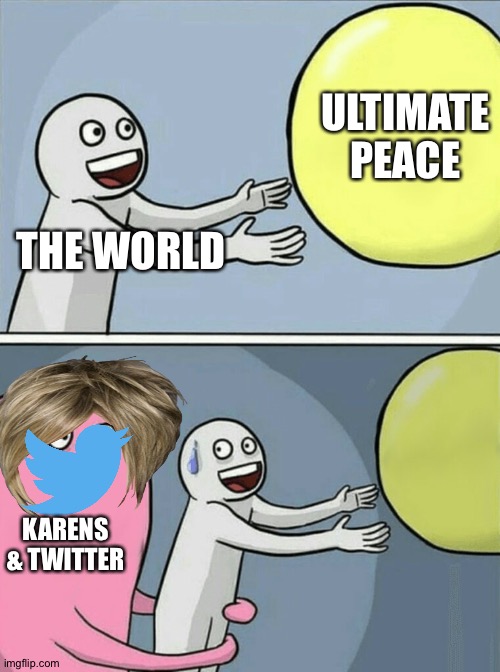 My first meme | ULTIMATE PEACE; THE WORLD; KARENS & TWITTER | image tagged in memes,running away balloon | made w/ Imgflip meme maker