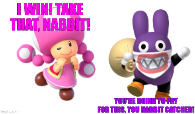 Toadette + Nabbit | I WIN! TAKE THAT, NABBIT! YOU'RE GOING TO PAY FOR THIS, YOU NABBIT CATCHER! | image tagged in toadette nabbit | made w/ Imgflip meme maker