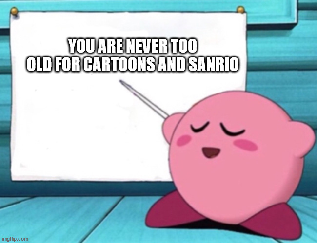 Kirby's lesson | YOU ARE NEVER TOO OLD FOR CARTOONS AND SANRIO | image tagged in kirby's lesson | made w/ Imgflip meme maker