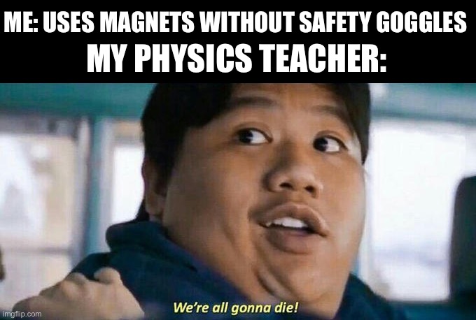 No clever title | ME: USES MAGNETS WITHOUT SAFETY GOGGLES; MY PHYSICS TEACHER: | image tagged in we're all gonna die,school | made w/ Imgflip meme maker