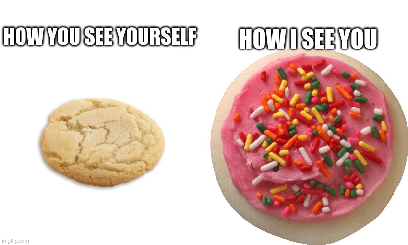 Meme i made for my girlfriend | HOW I SEE YOU; HOW YOU SEE YOURSELF | image tagged in girlfriend,sweet,wholesome,cookies,heart,pink | made w/ Imgflip meme maker