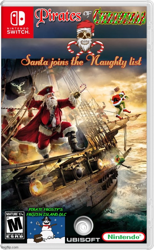 THE CHRISTMAS PIRATES! | PIRATE FROSTY'S 
FROZEN ISLAND DLC | image tagged in nintendo switch,pirates,santa claus,christmas,pirate,fake switch games | made w/ Imgflip meme maker