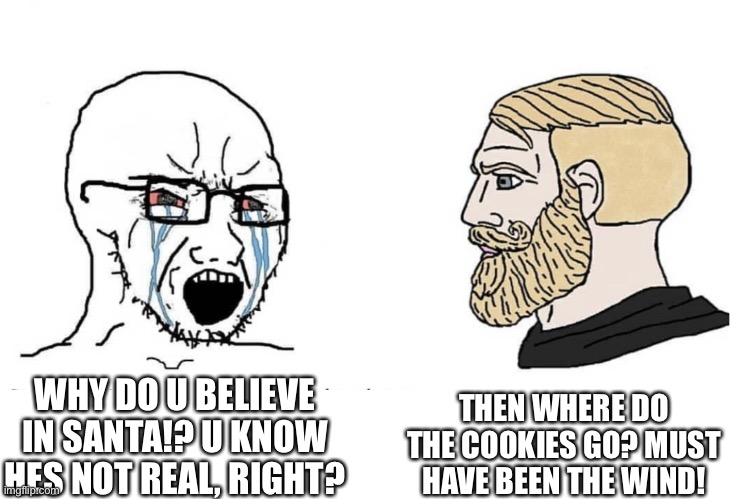 Merry Christmas! | THEN WHERE DO THE COOKIES GO? MUST HAVE BEEN THE WIND! WHY DO U BELIEVE IN SANTA!? U KNOW HES NOT REAL, RIGHT? | image tagged in soyboy vs yes chad | made w/ Imgflip meme maker