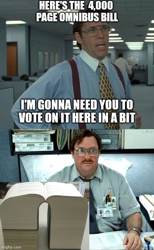 How can they vote on this like they know what's in it? | HERE'S THE  4,000 
PAGE OMNIBUS BILL; I'M GONNA NEED YOU TO VOTE ON IT HERE IN A BIT | image tagged in office space boss,memes,i was told there would be,democrats | made w/ Imgflip meme maker
