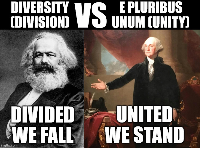 DIVERSITY (DIVISION) E PLURIBUS UNUM (UNITY) VS DIVIDED WE FALL UNITED WE STAND | image tagged in karl marx,george washington | made w/ Imgflip meme maker