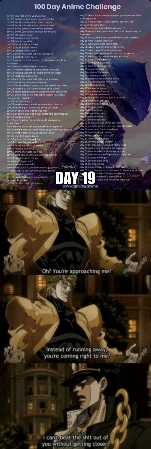 I Skipped Over a Day, So This Is My Punishment | DAY 19 | image tagged in 100 day anime challenge,oh you re approaching me | made w/ Imgflip meme maker