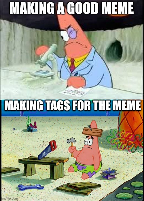 Sadly true | MAKING A GOOD MEME; MAKING TAGS FOR THE MEME | image tagged in patrick smart dumb,memes,tags,funny,relatable,lol | made w/ Imgflip meme maker