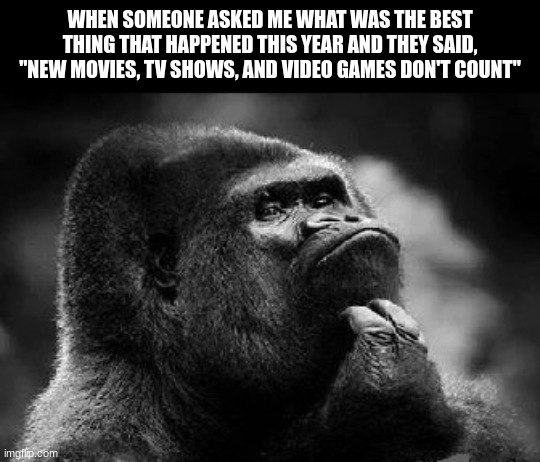 Everytime Someone Ask Me This | WHEN SOMEONE ASKED ME WHAT WAS THE BEST THING THAT HAPPENED THIS YEAR AND THEY SAID, "NEW MOVIES, TV SHOWS, AND VIDEO GAMES DON'T COUNT" | image tagged in thinking monkey | made w/ Imgflip meme maker