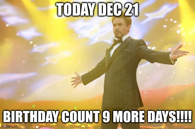 9 MORE DAYS TILL MY BDAYYY!!!!! (DEC 30!!!) | TODAY DEC 21; BIRTHDAY COUNT 9 MORE DAYS!!!! | image tagged in tony stark success,yessir,bday counter | made w/ Imgflip meme maker