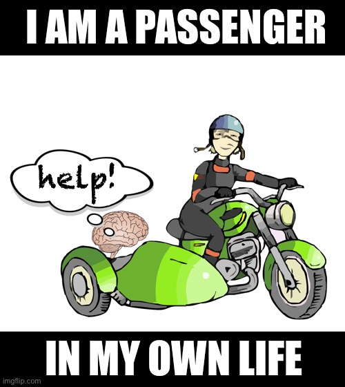 I am a passenger in my own life. Help! | I AM A PASSENGER; help! IN MY OWN LIFE | image tagged in bad choices in mind,out of control,what am i doing with my life,my life,who am i,dissociation | made w/ Imgflip meme maker