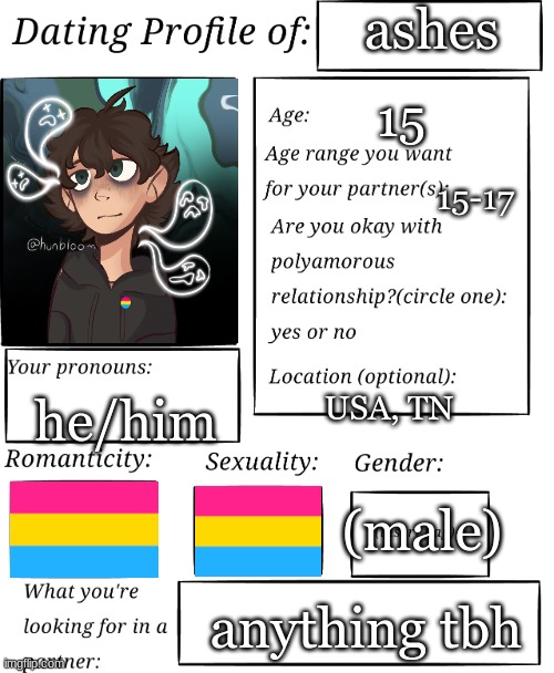 i got bored | ashes; 15; 15-17; he/him; USA, TN; (male); anything tbh | image tagged in dating profile | made w/ Imgflip meme maker