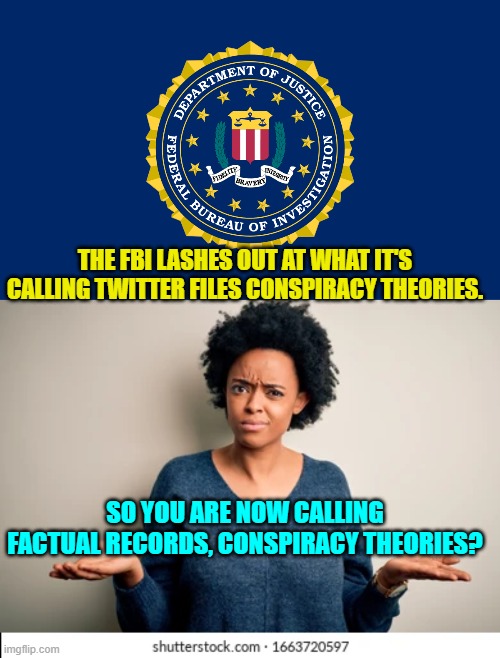 Gonna have to do better than that . . . Dem Party controlled FBI. | THE FBI LASHES OUT AT WHAT IT'S CALLING TWITTER FILES CONSPIRACY THEORIES. SO YOU ARE NOW CALLING FACTUAL RECORDS, CONSPIRACY THEORIES? | made w/ Imgflip meme maker