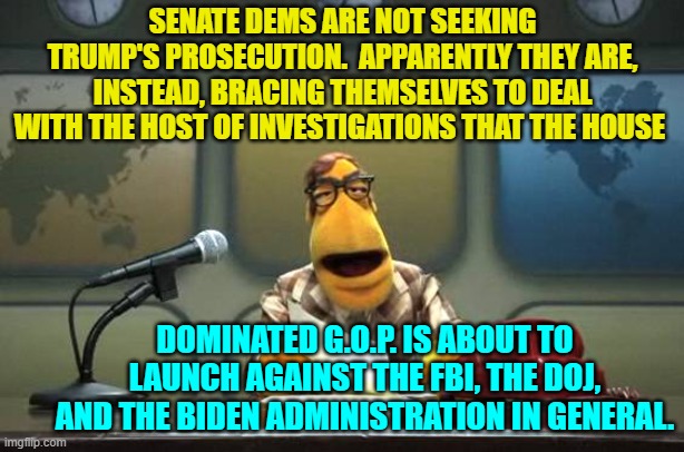 Got popcorn? | SENATE DEMS ARE NOT SEEKING TRUMP'S PROSECUTION.  APPARENTLY THEY ARE, INSTEAD, BRACING THEMSELVES TO DEAL WITH THE HOST OF INVESTIGATIONS THAT THE HOUSE; DOMINATED G.O.P. IS ABOUT TO LAUNCH AGAINST THE FBI, THE DOJ, AND THE BIDEN ADMINISTRATION IN GENERAL. | image tagged in muppet news flash | made w/ Imgflip meme maker