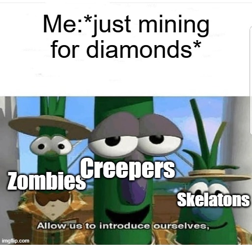 :/ | Me:*just mining for diamonds*; Creepers; Zombies; Skelatons | image tagged in allow us to introduce ourselves,minecraft | made w/ Imgflip meme maker