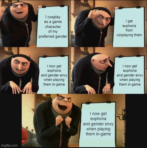 I cosplay as a game character of my preferred gender; I get euphoria from cosplaying them; I now get euphoria and gender envy when playing them in-game; I now get euphoria and gender envy when playing them in-game; I now get euphoria and gender envy when playing them in-game | made w/ Imgflip meme maker