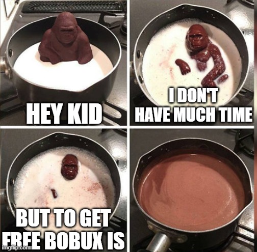 Hey Kid, I don't have much time | HEY KID; I DON'T HAVE MUCH TIME; BUT TO GET FREE BOBUX IS | image tagged in hey kid i don't have much time,bobux,roblox,meme,funny | made w/ Imgflip meme maker