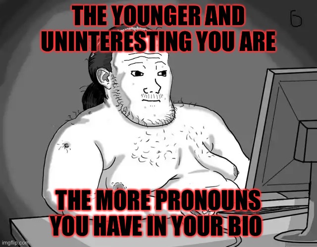 Pronouned | THE YOUNGER AND UNINTERESTING YOU ARE; THE MORE PRONOUNS YOU HAVE IN YOUR BIO | image tagged in yet another fat wojak,tiktok sucks | made w/ Imgflip meme maker
