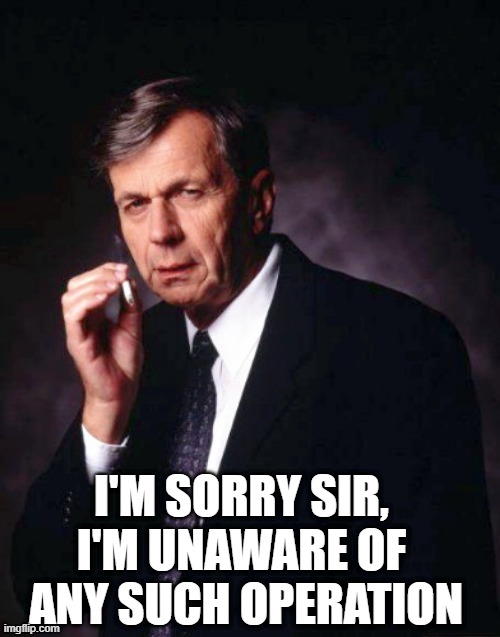 I'M SORRY SIR, I'M UNAWARE OF ANY SUCH OPERATION | I'M SORRY SIR, 
I'M UNAWARE OF 
ANY SUCH OPERATION | image tagged in the x-files' smoking man | made w/ Imgflip meme maker
