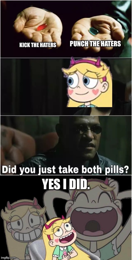 KICK THE HATERS PUNCH THE HATERS YES I DID. | image tagged in did you just take both pills,laughing star butterfly | made w/ Imgflip meme maker