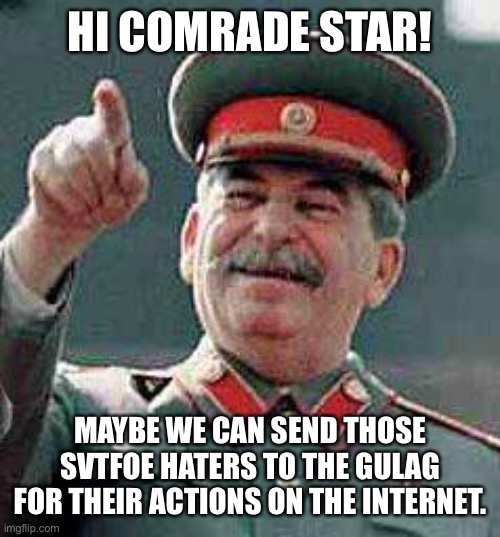 Stalin says | HI COMRADE STAR! MAYBE WE CAN SEND THOSE SVTFOE HATERS TO THE GULAG FOR THEIR ACTIONS ON THE INTERNET. | image tagged in stalin says | made w/ Imgflip meme maker