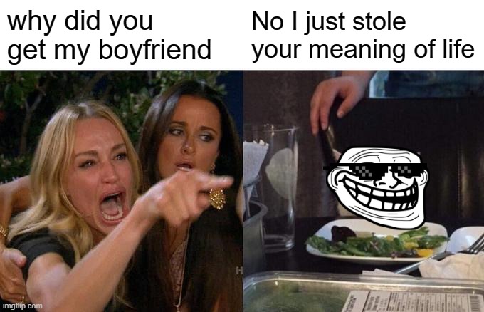 Woman Yelling At Cat | why did you get my boyfriend; No I just stole your meaning of life | image tagged in memes,woman yelling at cat | made w/ Imgflip meme maker