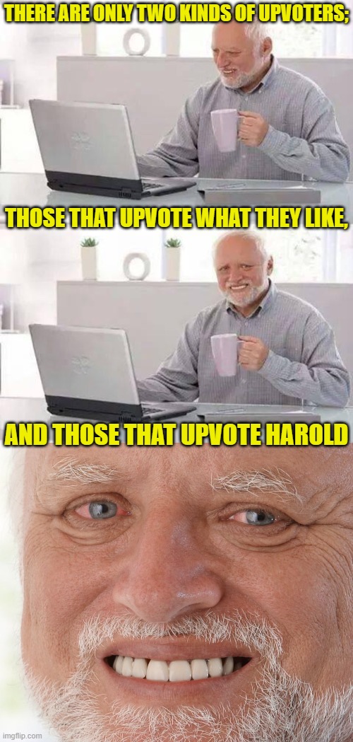 THERE ARE ONLY TWO KINDS OF UPVOTERS; THOSE THAT UPVOTE WHAT THEY LIKE, AND THOSE THAT UPVOTE HAROLD | image tagged in memes,hide the pain harold | made w/ Imgflip meme maker