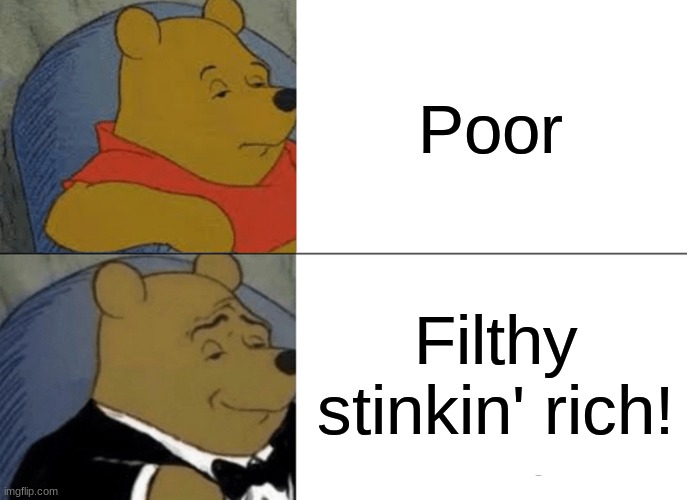 Poor/ Filthy Stinkin' Rich | Poor; Filthy stinkin' rich! | image tagged in memes,tuxedo winnie the pooh | made w/ Imgflip meme maker