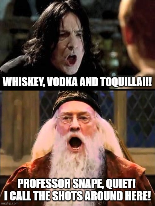 Who's in charge? | WHISKEY, VODKA AND TOQUILLA!!! PROFESSOR SNAPE, QUIET!  I CALL THE SHOTS AROUND HERE! | image tagged in angry snape,angry dumbledore | made w/ Imgflip meme maker