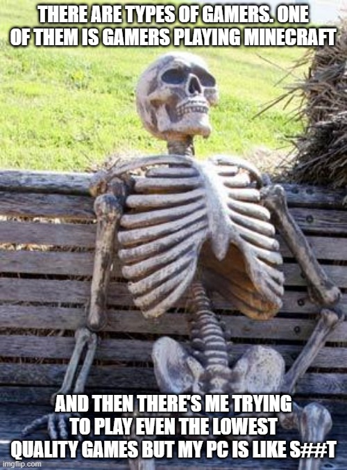And then my game is like 2 fps | THERE ARE TYPES OF GAMERS. ONE OF THEM IS GAMERS PLAYING MINECRAFT; AND THEN THERE'S ME TRYING TO PLAY EVEN THE LOWEST QUALITY GAMES BUT MY PC IS LIKE S##T | image tagged in memes,waiting skeleton | made w/ Imgflip meme maker