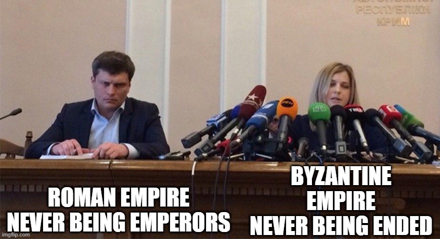 Byzantine Empire was an ending empire for the Roman Empire | ROMAN EMPIRE NEVER BEING EMPERORS; BYZANTINE EMPIRE NEVER BEING ENDED | image tagged in man and woman microphone,memes | made w/ Imgflip meme maker