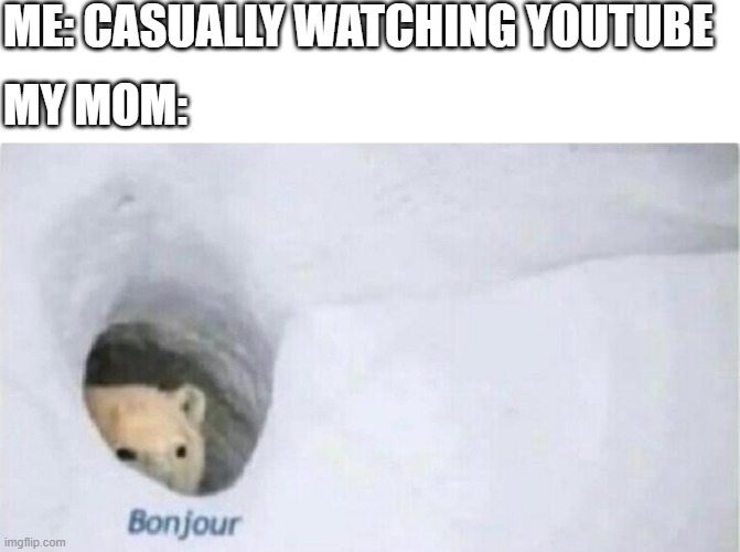 Bonjour Bear | ME: CASUALLY WATCHING YOUTUBE; MY MOM: | image tagged in bonjour bear | made w/ Imgflip meme maker