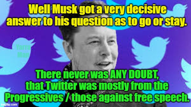 Twitter, Elon Musk. | Well Musk got a very decisive answer to his question as to go or stay. Yarra Man; There never was ANY DOUBT, that Twitter was mostly from the Progressives / those against free speech. | image tagged in trump,progressives,repubvlicans,labor,liberal,lnp | made w/ Imgflip meme maker