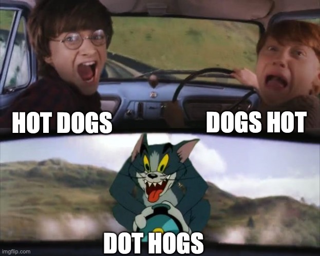 Tom chasing Harry and Ron Weasly | HOT DOGS DOGS HOT DOT HOGS | image tagged in tom chasing harry and ron weasly | made w/ Imgflip meme maker