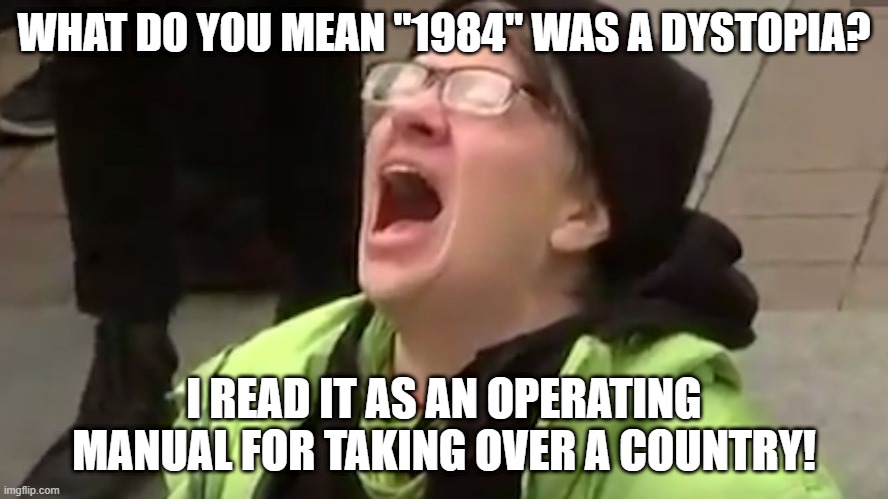 Screaming Liberal  | WHAT DO YOU MEAN "1984" WAS A DYSTOPIA? I READ IT AS AN OPERATING MANUAL FOR TAKING OVER A COUNTRY! | image tagged in screaming liberal | made w/ Imgflip meme maker