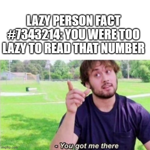 lazy person fact | LAZY PERSON FACT #7343214: YOU WERE TOO LAZY TO READ THAT NUMBER | image tagged in --ah you got me there,lazy,memes,funny | made w/ Imgflip meme maker