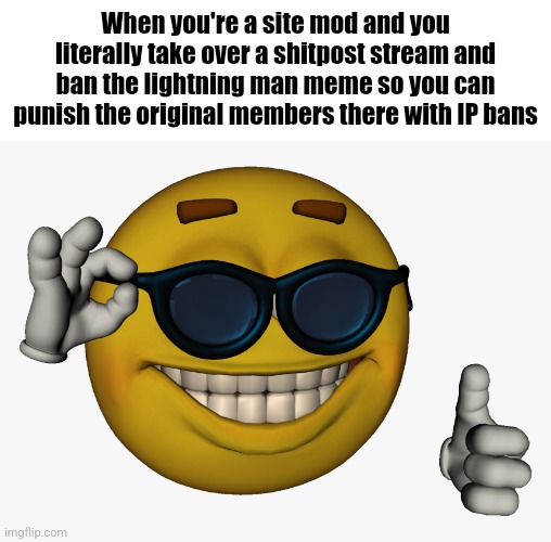 Cool guy emoji | When you're a site mod and you literally take over a shitpost stream and ban the lightning man meme so you can punish the original members there with IP bans | made w/ Imgflip meme maker