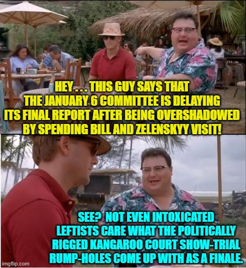 Yep . . . even most leftists no longer really care.  The show trial was too obvious even for them. | HEY . . . THIS GUY SAYS THAT THE JANUARY 6 COMMITTEE IS DELAYING ITS FINAL REPORT AFTER BEING OVERSHADOWED BY SPENDING BILL AND ZELENSKYY VISIT! SEE?  NOT EVEN INTOXICATED LEFTISTS CARE WHAT THE POLITICALLY RIGGED KANGAROO COURT SHOW-TRIAL RUMP-HOLES COME UP WITH AS A FINALE. | image tagged in see nobody cares | made w/ Imgflip meme maker