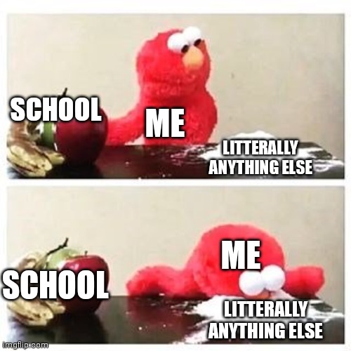 So true | SCHOOL; ME; LITTERALLY ANYTHING ELSE; ME; SCHOOL; LITTERALLY ANYTHING ELSE | image tagged in elmo cocaine,school | made w/ Imgflip meme maker