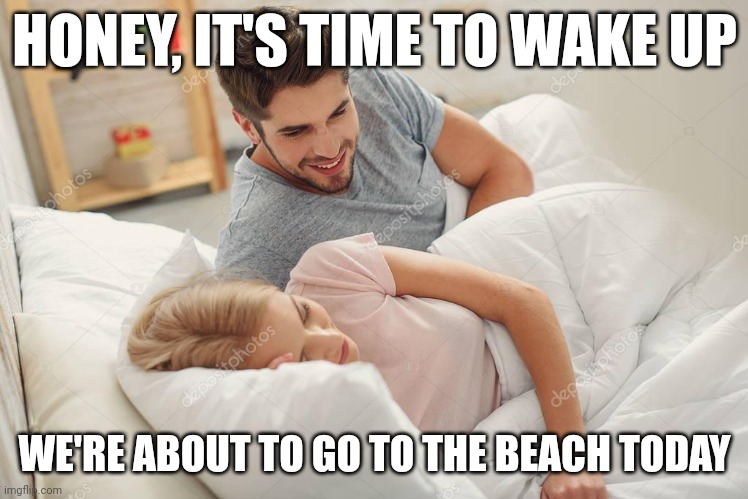Honey wake up | HONEY, IT'S TIME TO WAKE UP; WE'RE ABOUT TO GO TO THE BEACH TODAY | image tagged in honey wake up | made w/ Imgflip meme maker