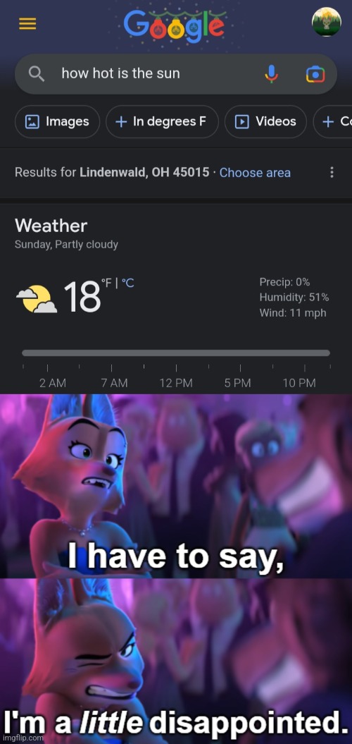 Pretty sure the sun isn't 18 degrees Celsius | image tagged in i'm a little disappointed,google search,the sun,sun,google,temperature | made w/ Imgflip meme maker