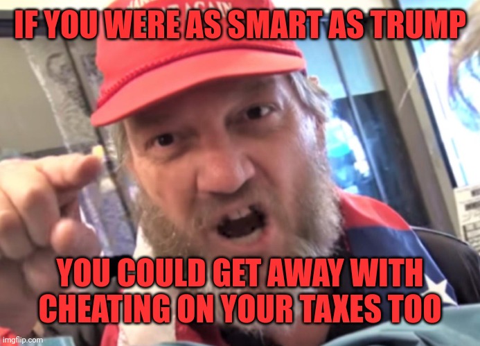 Trumper logic | IF YOU WERE AS SMART AS TRUMP; YOU COULD GET AWAY WITH CHEATING ON YOUR TAXES TOO | image tagged in angry trumper maga white supremacist | made w/ Imgflip meme maker