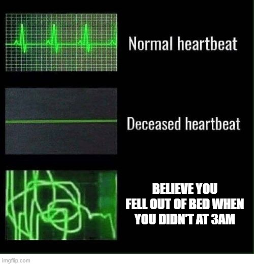 e | BELIEVE YOU FELL OUT OF BED WHEN YOU DIDN’T AT 3AM | image tagged in normal heartbeat deceased heartbeat,tag | made w/ Imgflip meme maker