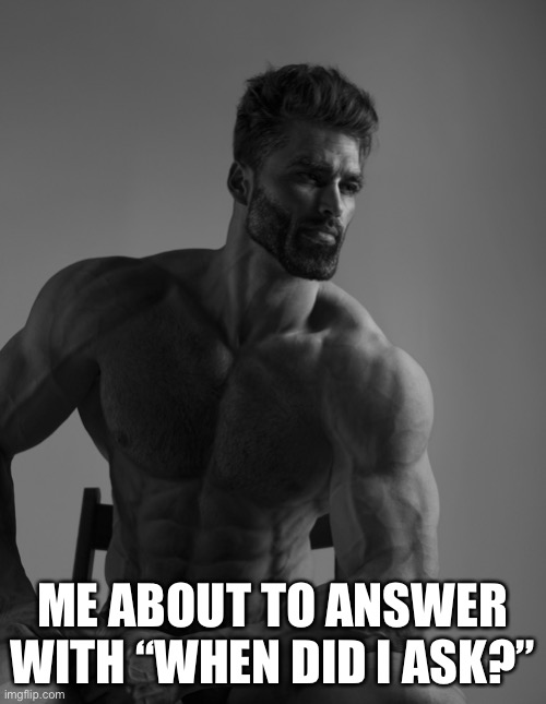 When. | ME ABOUT TO ANSWER WITH “WHEN DID I ASK?” | image tagged in giga chad | made w/ Imgflip meme maker